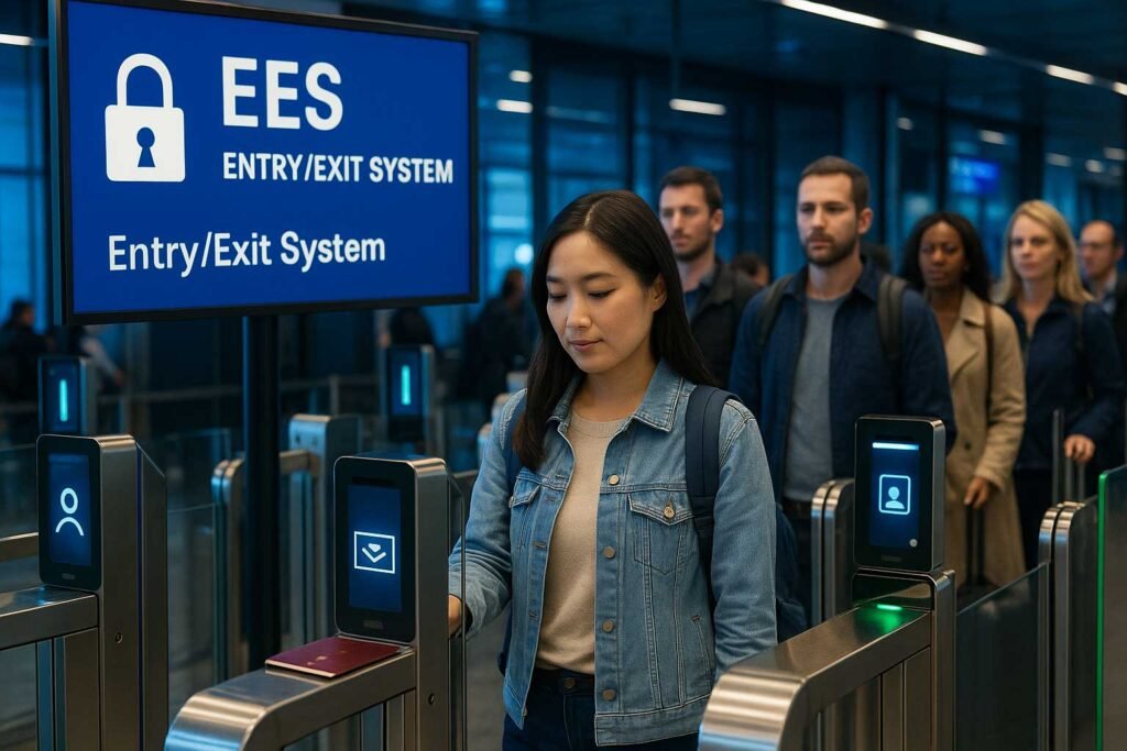 EES Europa 2025 requisitos para entrar: viajeros en aeropuerto europeo pasando por el nuevo sistema digital de control fronterizo