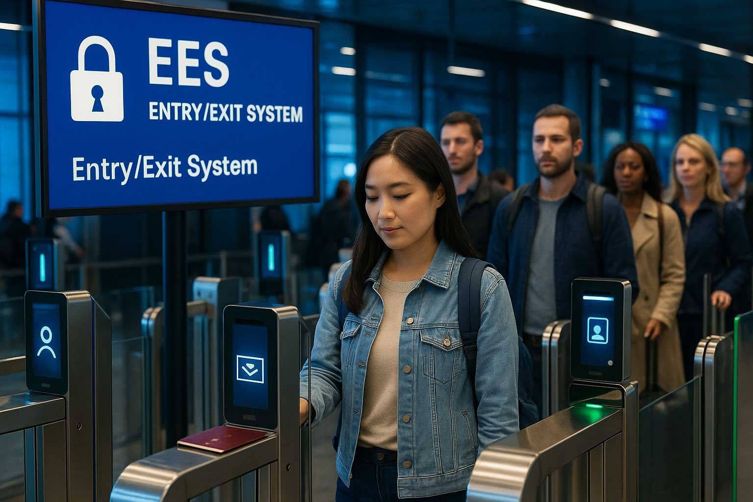 EES Europa 2025 requisitos para entrar: viajeros en aeropuerto europeo pasando por el nuevo sistema digital de control fronterizo